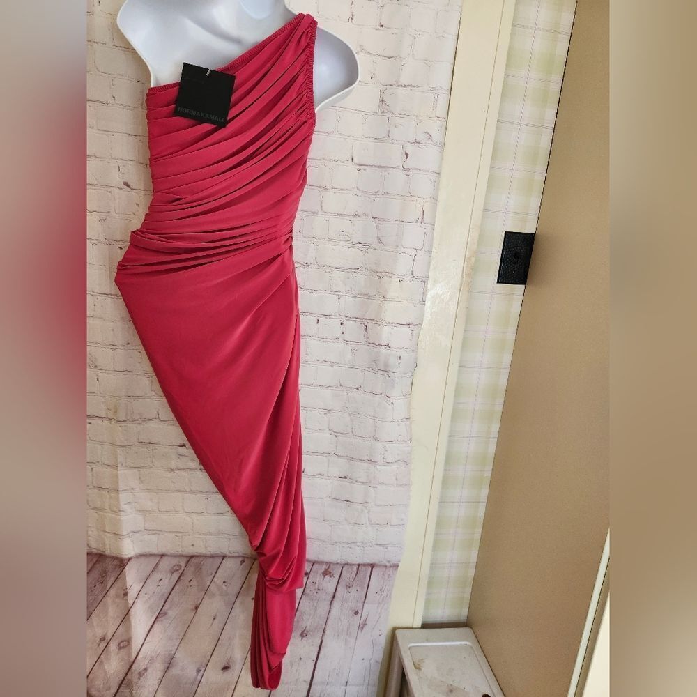 NWT Norma Kamali "Diana" Hot Pink (Rose) One Shoulder Ruched Gown sz.XS Ret $275 - Picture 12 of 12
